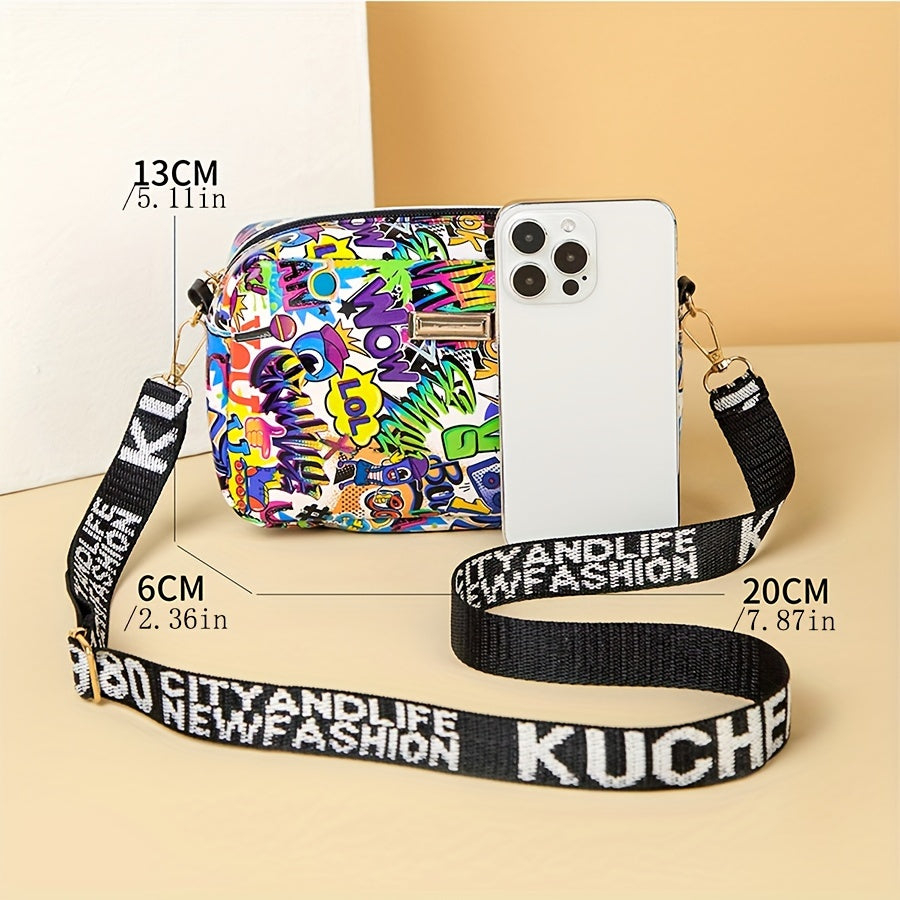 Women's Lightweight Crossbody Bag with Graffiti Print & Glitter Accents - Detachable Adjustable Strap, Zipper Closure, Compact Square Design for Everyday Casual Outings, Crossbody Purse, Trendy Streetwear Accessory, Fashionfo