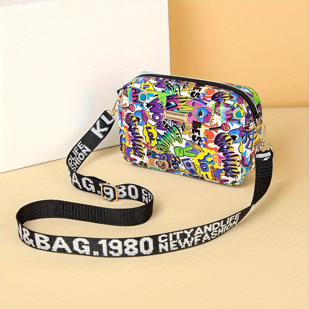 Women's Lightweight Crossbody Bag with Graffiti Print & Glitter Accents - Detachable Adjustable Strap, Zipper Closure, Compact Square Design for Everyday Casual Outings, Crossbody Purse, Trendy Streetwear Accessory, Fashionfo