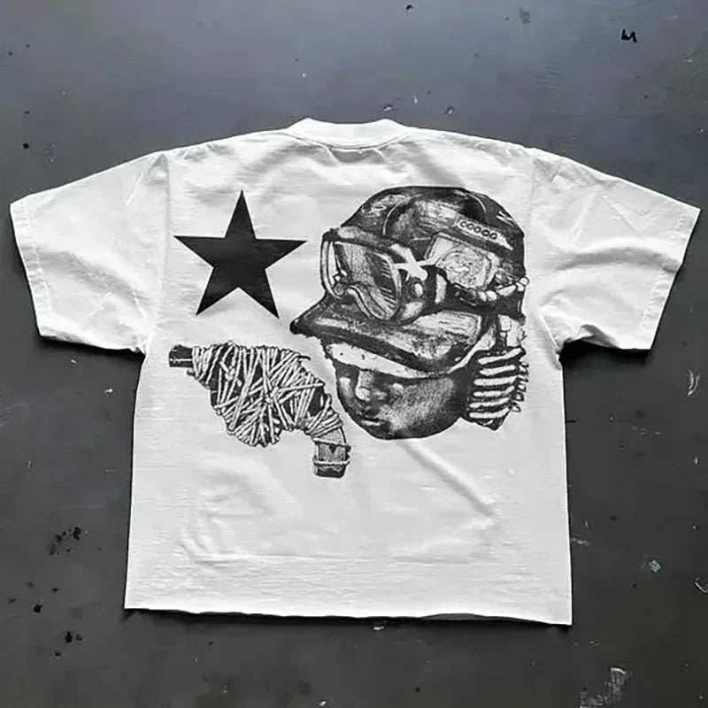 Harajuku Y2k Soldier Print Vintage T-shirt Vintage Top Men's Hip Hop Festival Wear Top Street Wear Short Sleeve Biking Shirt