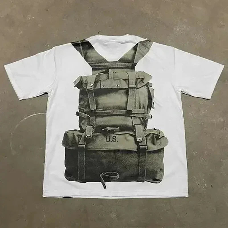 Harajuku Y2k Soldier Print Vintage T-shirt Vintage Top Men's Hip Hop Festival Wear Top Street Wear Short Sleeve Biking Shirt