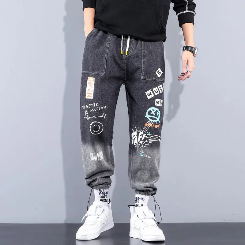 Graffiti Printing Jeans Men's Gradient Hip Hop Trousers Harem Cartoon Loose Casual Ankle Banded Pants Cargo Denim Jeans Fashion