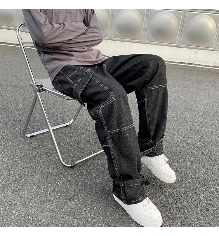Cargo jeans Men Wide Leg Jeans Hip Hop Casual Men's Straight Baggy Denim Pants Streetwear Skateboard Pant Neutral Trousers