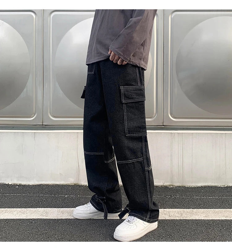 Cargo jeans Men Wide Leg Jeans Hip Hop Casual Men's Straight Baggy Denim Pants Streetwear Skateboard Pant Neutral Trousers