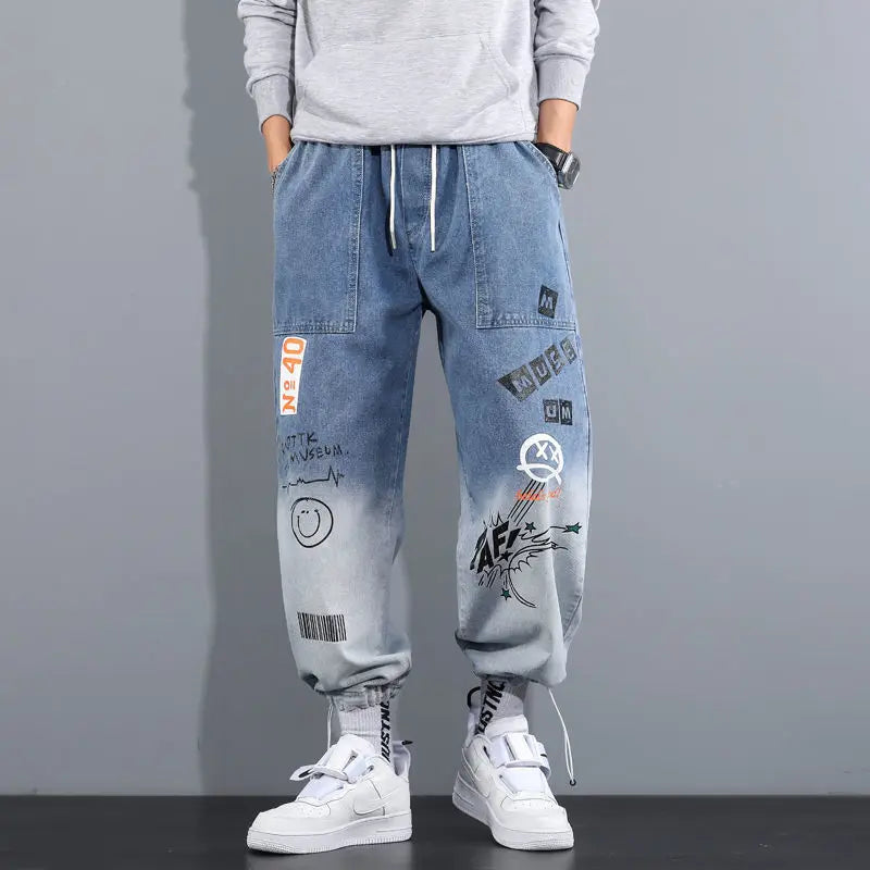 Graffiti Printing Jeans Men's Gradient Hip Hop Trousers Harem Cartoon Loose Casual Ankle Banded Pants Cargo Denim Jeans Fashion