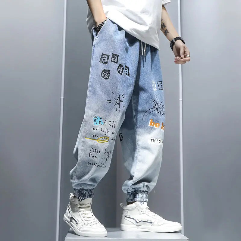 Graffiti Printing Jeans Men's Gradient Hip Hop Trousers Harem Cartoon Loose Casual Ankle Banded Pants Cargo Denim Jeans Fashion