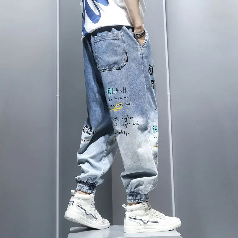 Graffiti Printing Jeans Men's Gradient Hip Hop Trousers Harem Cartoon Loose Casual Ankle Banded Pants Cargo Denim Jeans Fashion