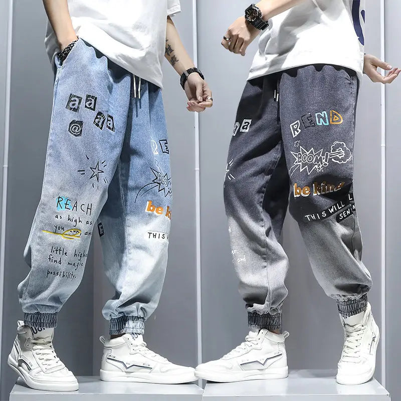 Graffiti Printing Jeans Men's Gradient Hip Hop Trousers Harem Cartoon Loose Casual Ankle Banded Pants Cargo Denim Jeans Fashion
