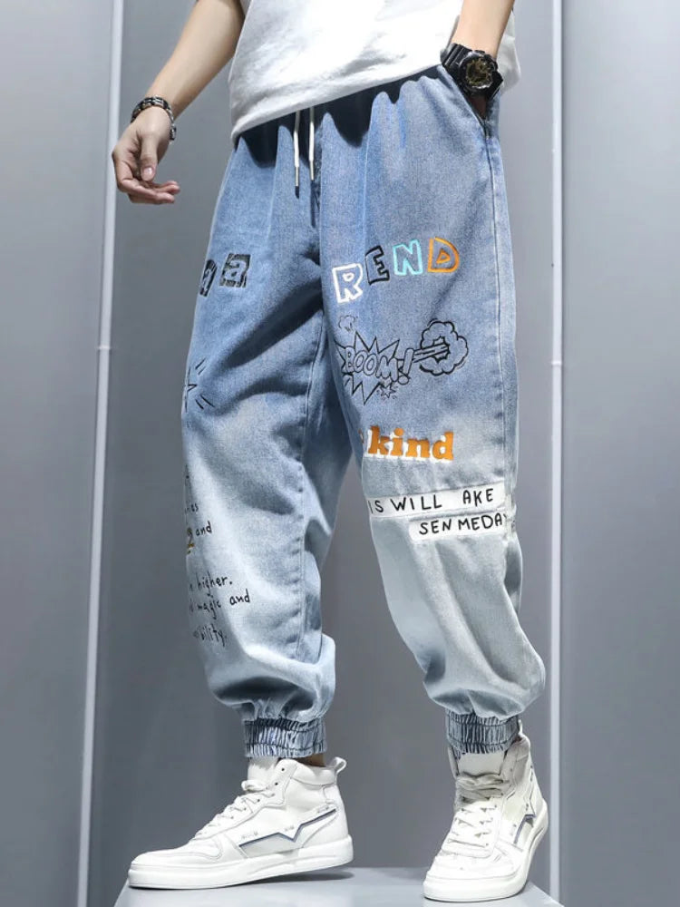 Graffiti Printing Jeans Men's Gradient Hip Hop Trousers Harem Cartoon Loose Casual Ankle Banded Pants Cargo Denim Jeans Fashion