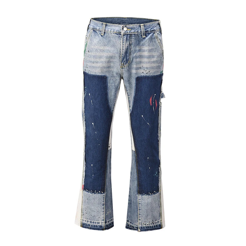 Vintage Flared Jeans for Men Y2k Streetwear Frayed Jean Pants Baggy Hip Hop Graffiti Colorblock Slim Fit Denim Jeans Man Black