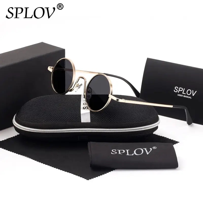 SPLOV Vintage Rap Sunglasses Men Women Steam Punk Style Hip-Hop Small Round Metal Frame Eyewear Retro Gafas De Sol With Case