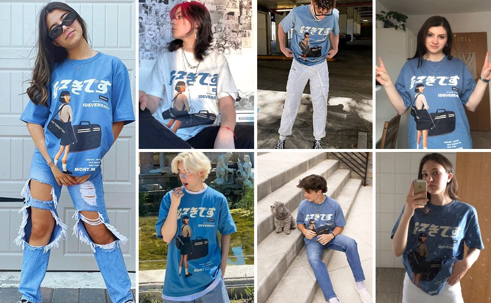 Hip Hop Streetwear Harajuku T Shirt Girl Japanese Kanji Print Tshirt 2021CC Summer Mens Short Sleeve Cotton Oversized T-Shirt