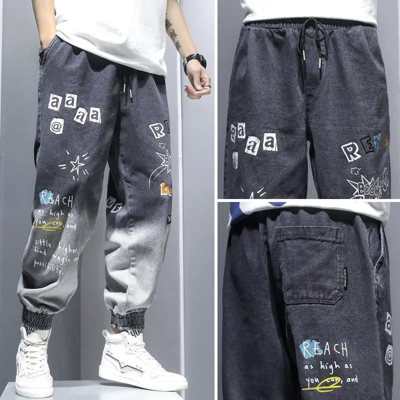 Graffiti Printing Jeans Men's Gradient Hip Hop Trousers Harem Cartoon Loose Casual Ankle Banded Pants Cargo Denim Jeans Fashion