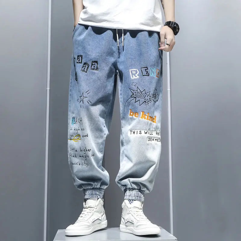 Graffiti Printing Jeans Men's Gradient Hip Hop Trousers Harem Cartoon Loose Casual Ankle Banded Pants Cargo Denim Jeans Fashion