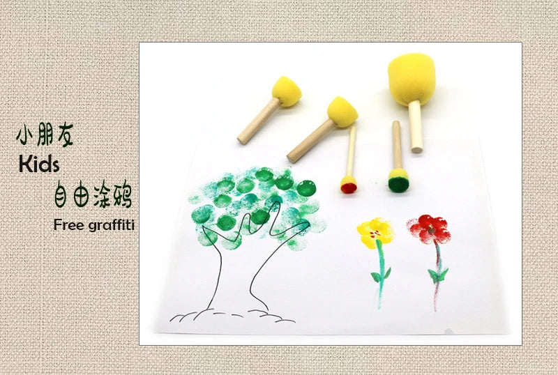 4Pcs/set Sponge Paint Brush Original Wooden Handle Painting Graffiti Early DIY Art Supplies Gifts  Sponge Paint Brush
