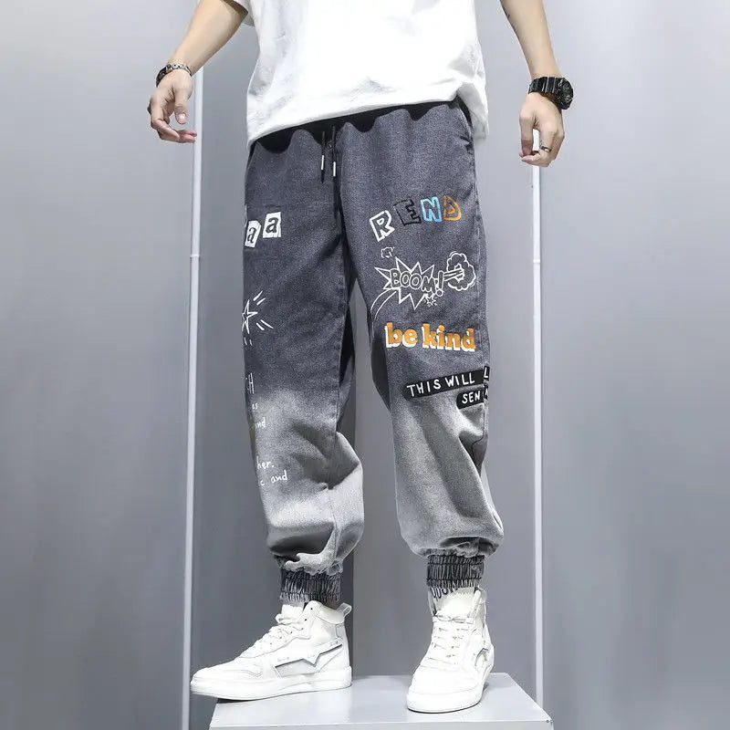Graffiti Printing Jeans Men's Gradient Hip Hop Trousers Harem Cartoon Loose Casual Ankle Banded Pants Cargo Denim Jeans Fashion