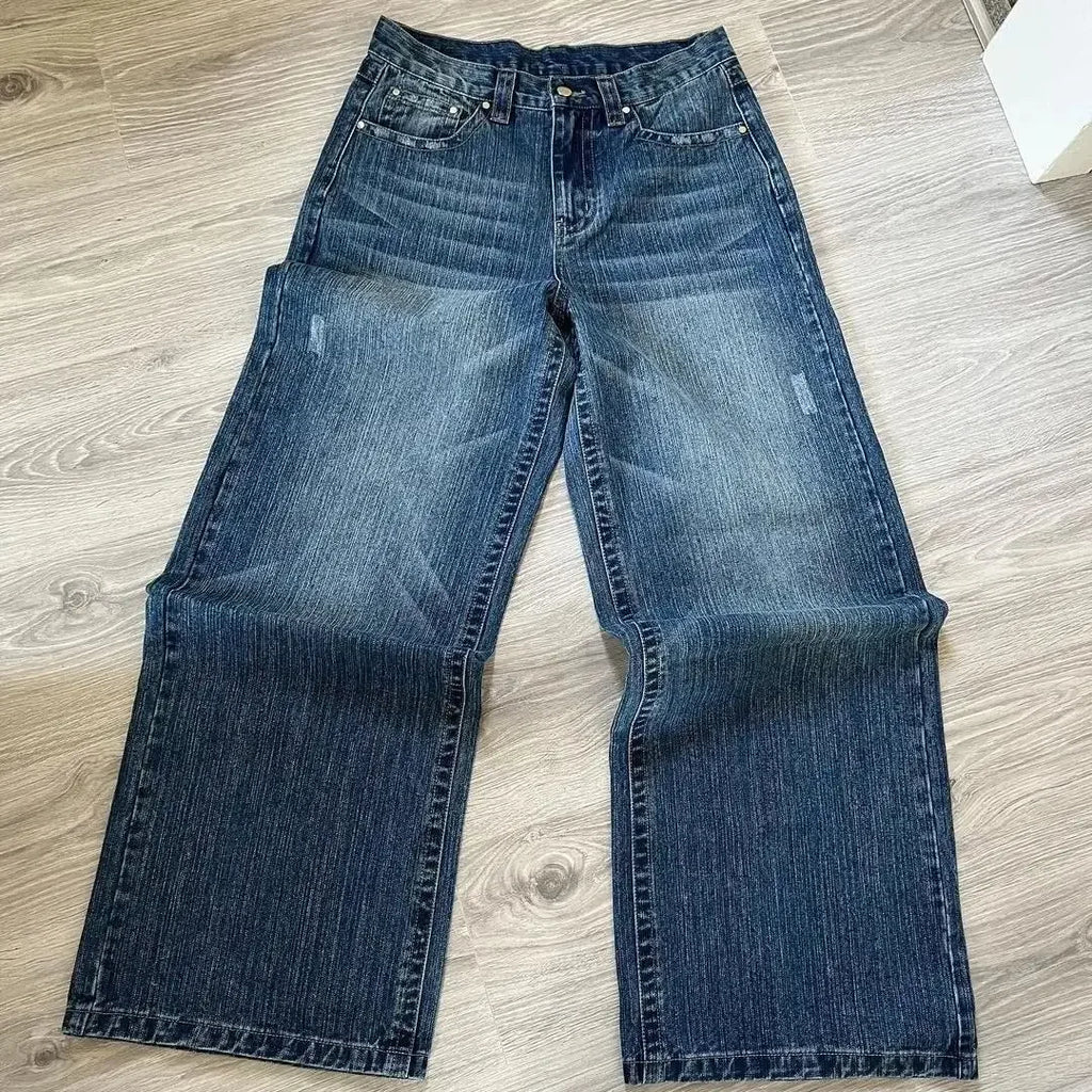 Harajuku Hip Hop Cartoon Letter Embroidery Retro Blue Baggy Jeans Mens Womens Jeans Rock Low Waist Wide Leg Trousers Y2K Clothes