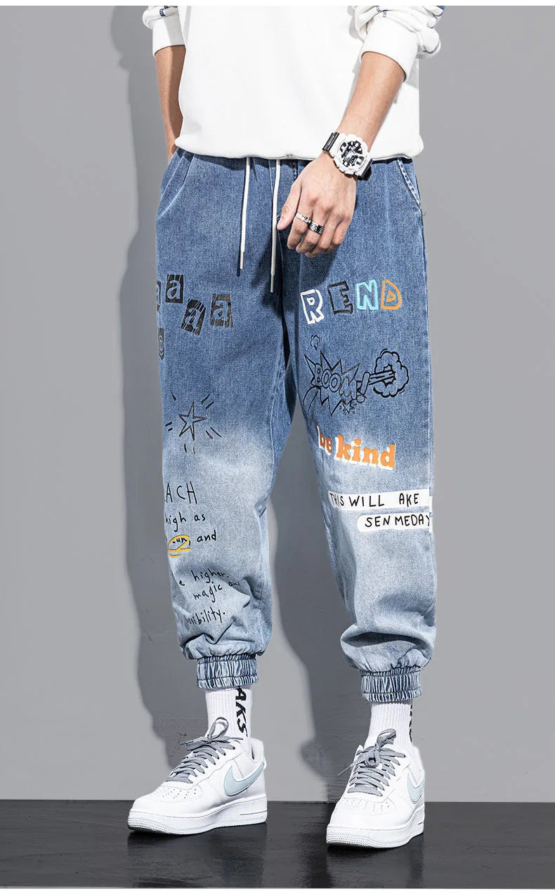 Graffiti Printing Jeans Men's Gradient Hip Hop Trousers Harem Cartoon Loose Casual Ankle Banded Pants Cargo Denim Jeans Fashion