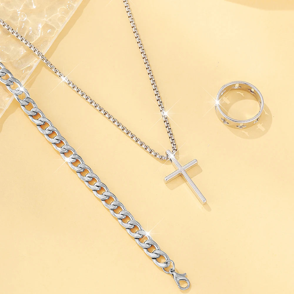 3pcs Set Men's Stainless Steel Metal Cross Pendant Chain Necklace Bracelet Ring Jewelry Set Male Hip Hop Daily Wear Accessories