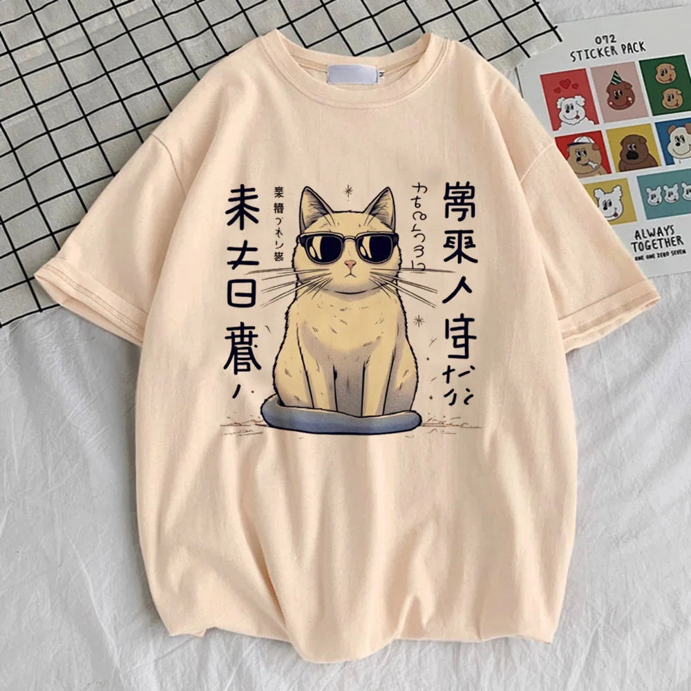 Japanese Grunge Cat t-shirt female Colorful hip hop Trendy t-shirt graphic korean clothes kawaii aesthetic Pop Culture 2000s