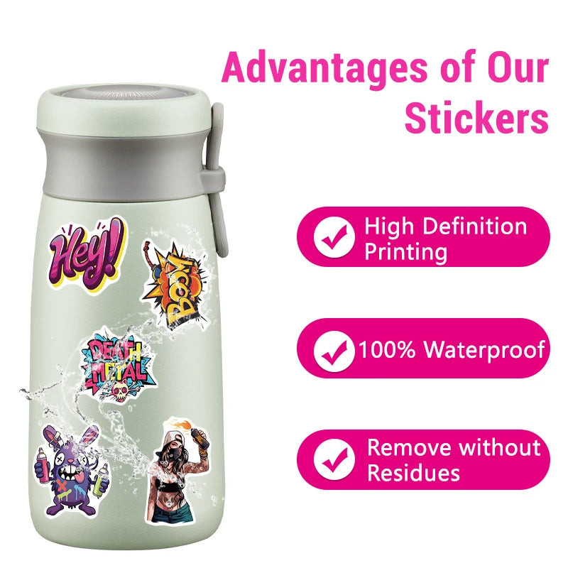 50PCS Hip Hop Graffiti Stickers, Colorful Street Art Decals, Cartoon Music Vinyl Skateboard Stickers for Laptop Water Bottle DIY