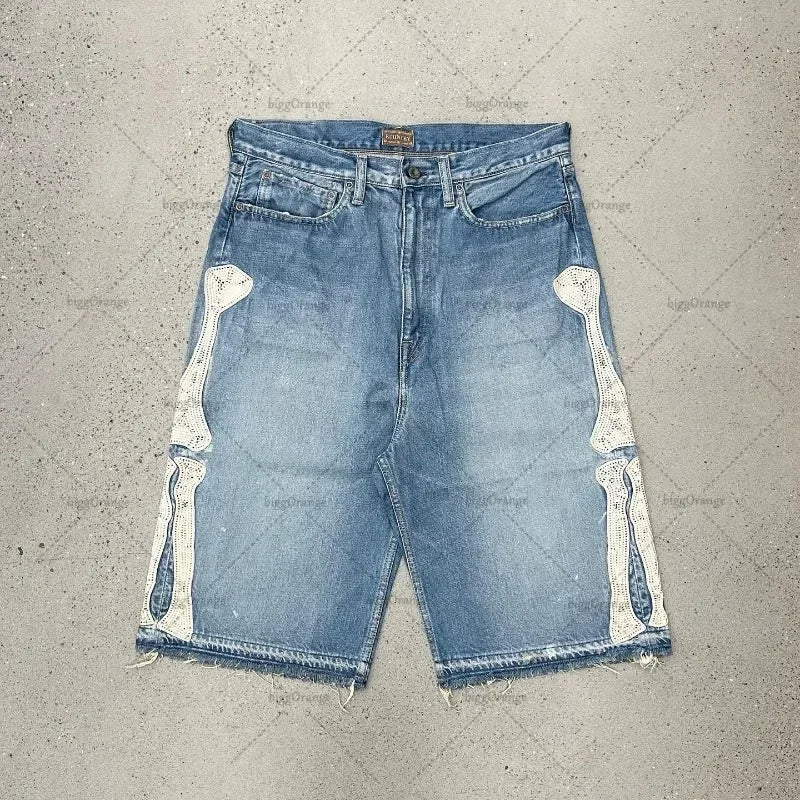 Summer retro skeleton denim shorts sports casual shorts new couple wearing street street 55 pants 2025 Europe and America