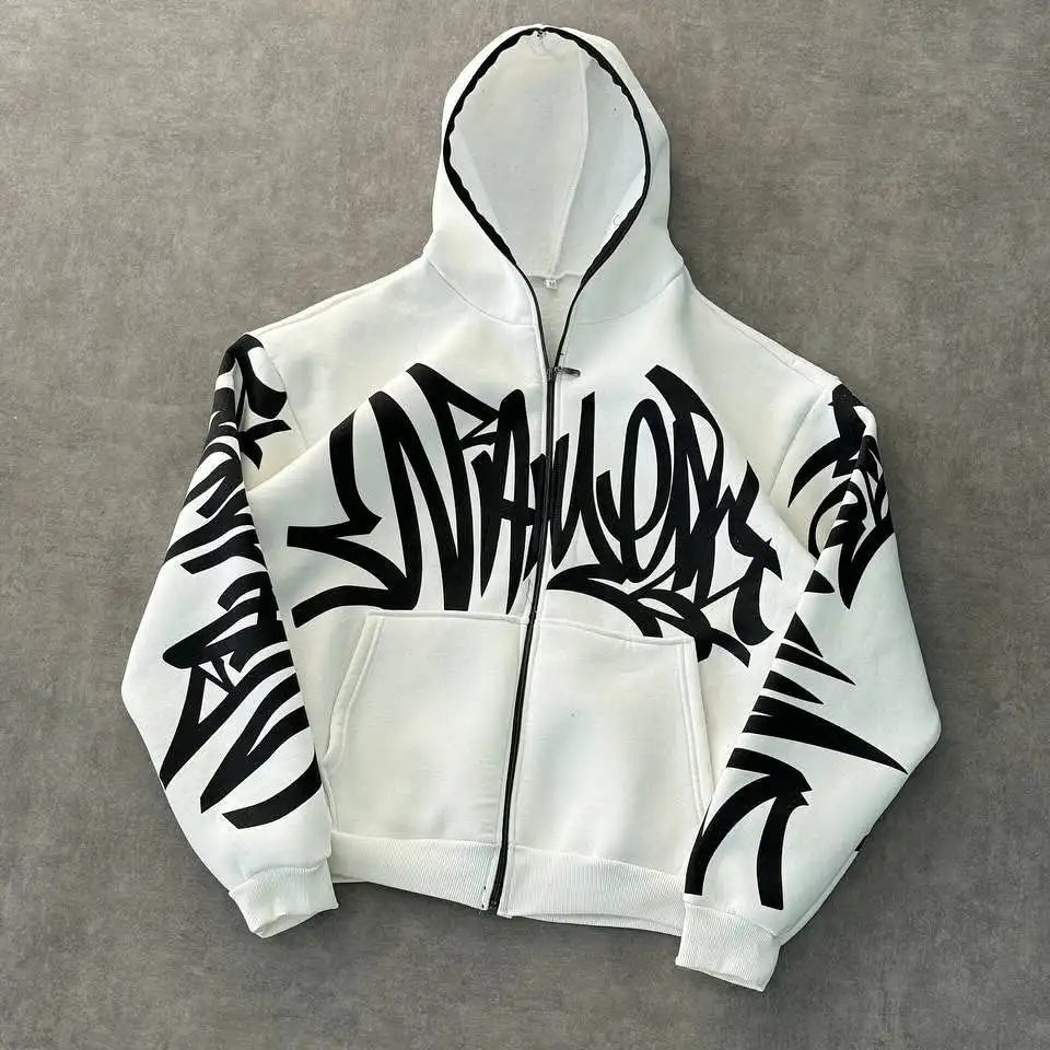 Trend High Street Letters Graffiti Printed Zipper Hoodie Retro Y2K Men Gothic Hip Hop Punk Casual Oversized Sweatshirt Harajuku