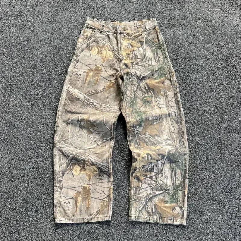Men's Branch Camouflage Jeans American Style Old Washed Wide Leg Retro Loose Fashion Trend Street Straight Jeans Camo Pants Y2K