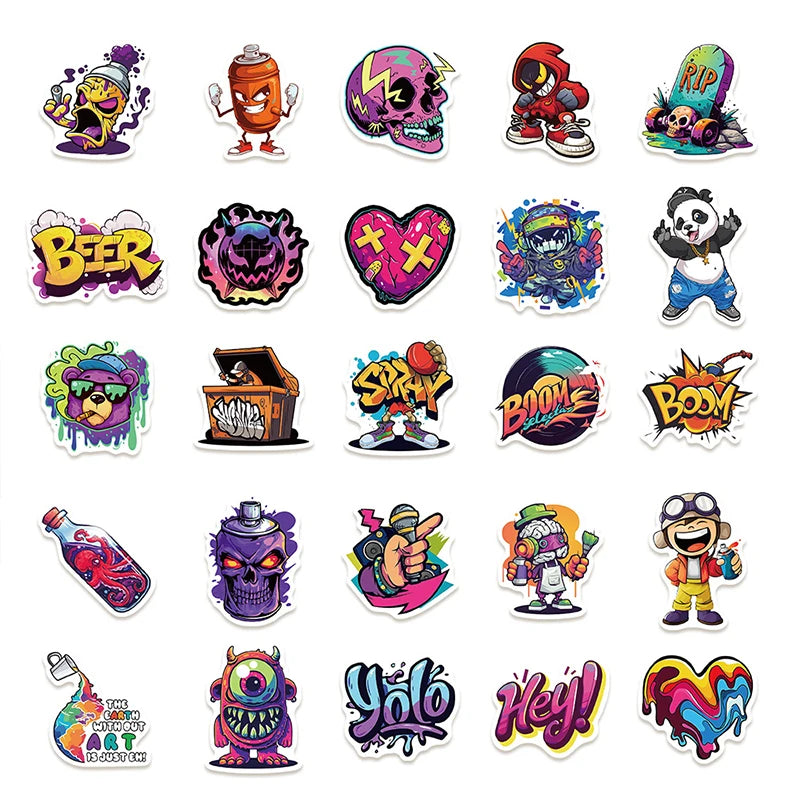 50PCS Hip Hop Graffiti Stickers, Colorful Street Art Decals, Cartoon Music Vinyl Skateboard Stickers for Laptop Water Bottle DIY