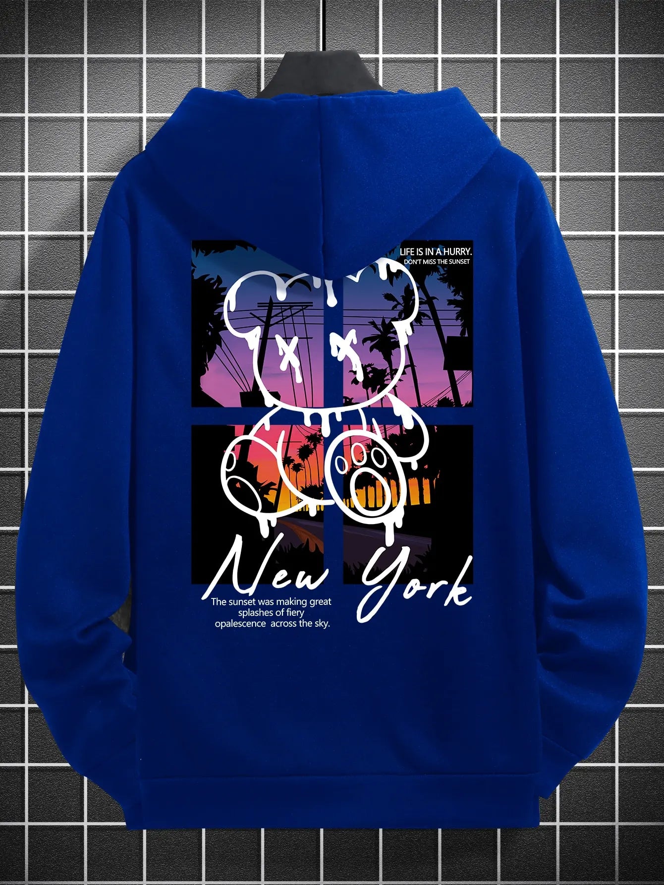 New York Art Word Cartoon Bear Sunset Scenery Design Male Clothing Hip Hop Street Hoodies All-Match Pocket Pullovers Men Hoody