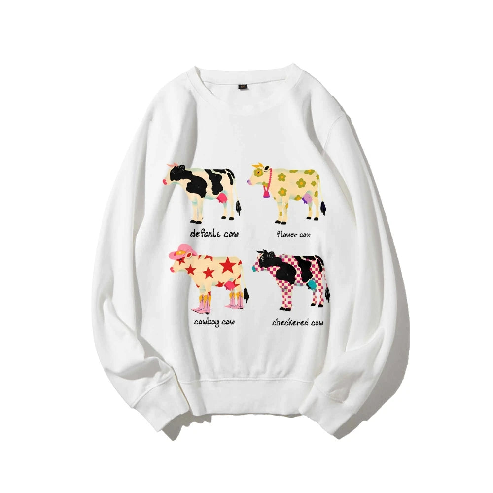 Cute Cow Print Sweater Women's Fashion Casual Crew Neck Pure Cotton Sweatshirt Long Sleeve Warm High Quality Street Wear