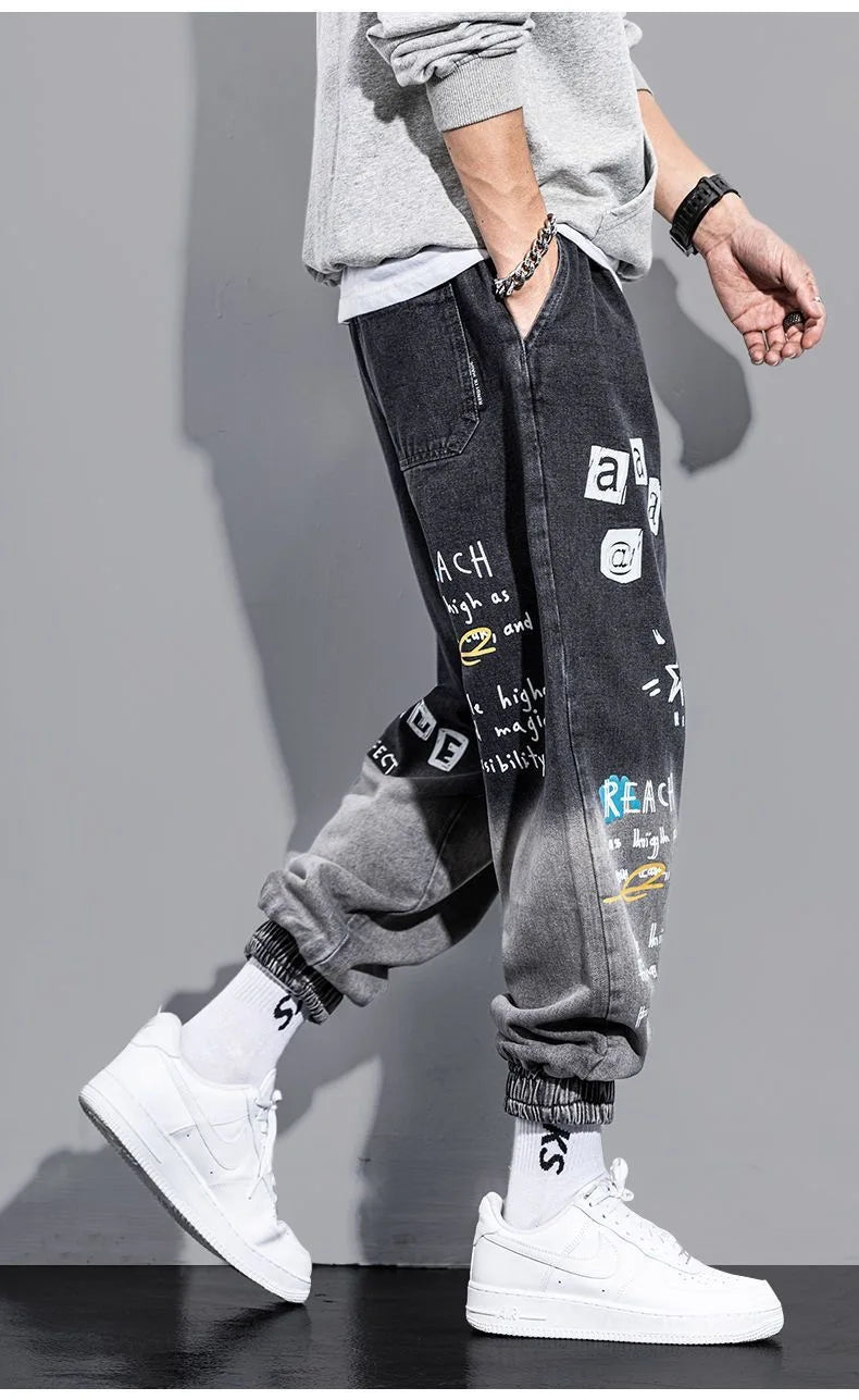 Graffiti Printing Jeans Men's Gradient Hip Hop Trousers Harem Cartoon Loose Casual Ankle Banded Pants Cargo Denim Jeans Fashion