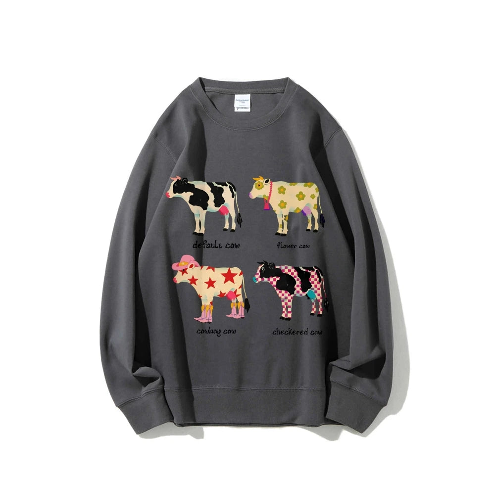 Cute Cow Print Sweater Women's Fashion Casual Crew Neck Pure Cotton Sweatshirt Long Sleeve Warm High Quality Street Wear