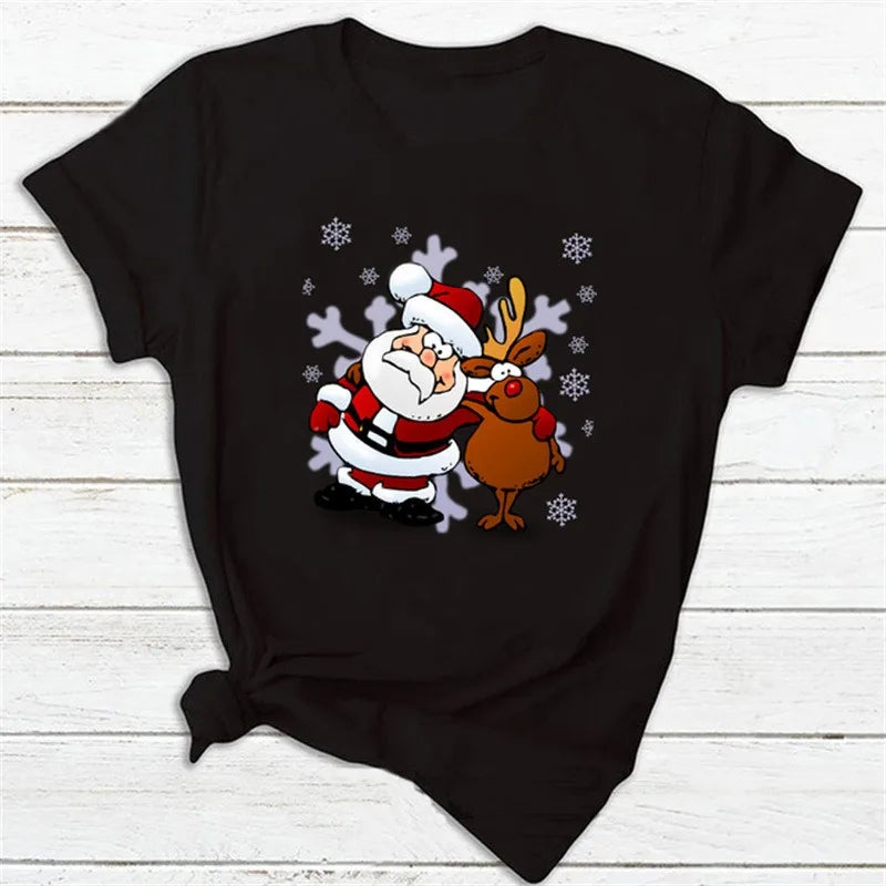 Christmas Theme Cartoon Graphic T Shirt Men Women Unisex Streetwear Cute Santa Claus Reindeer Print Casual Short Sleeve