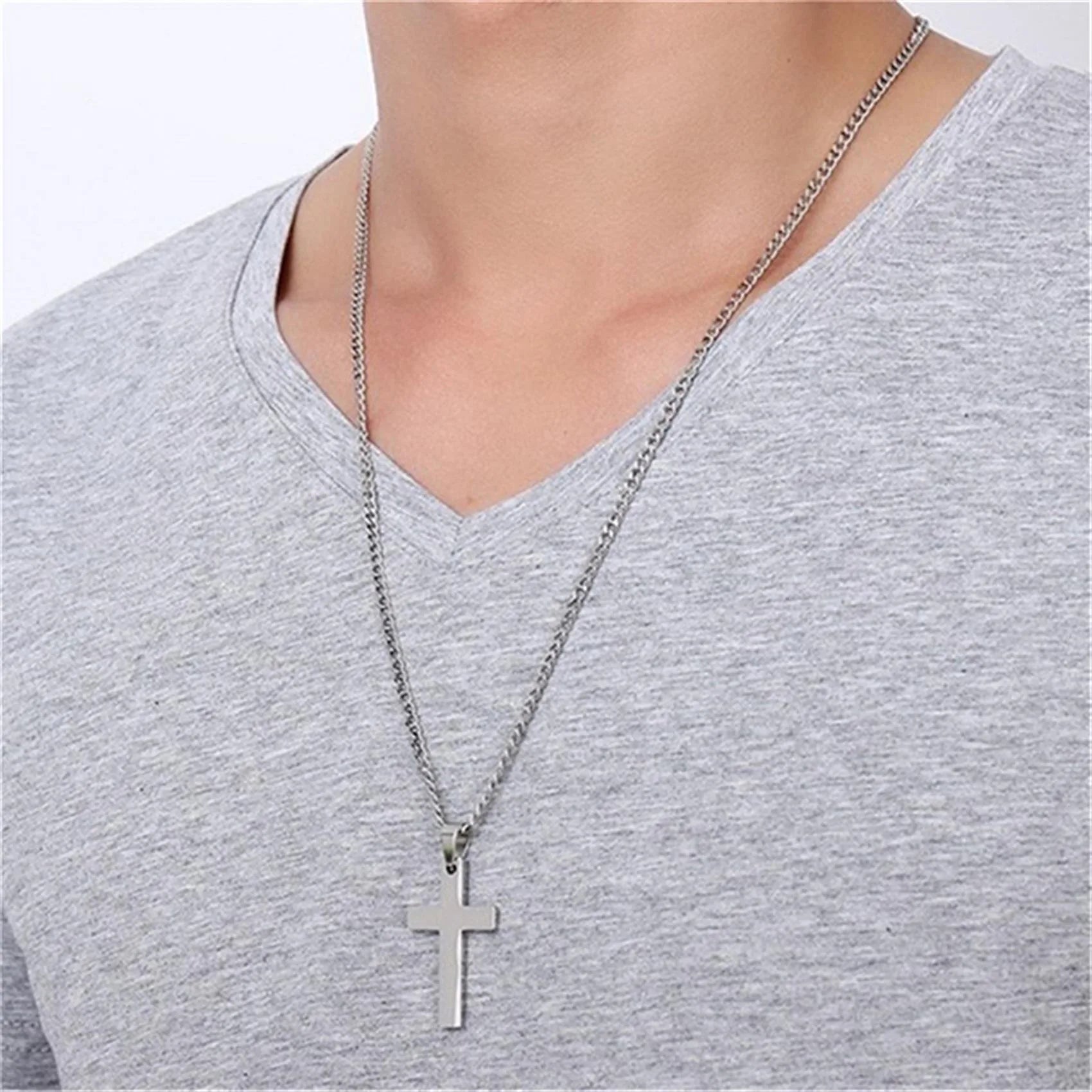 Fashion Stainless Steel Cross Pendant Necklace Unisex Punk Hip Hop Link Chain Charm Jewelry for Boys Girls Cool Gift