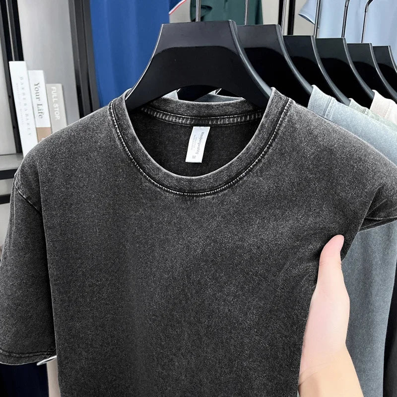 American Style Retro Heavyweight Solid Color Short Sleeved T-shirt Men Women Summer Street Trendy Washed Old Oversized Clothes