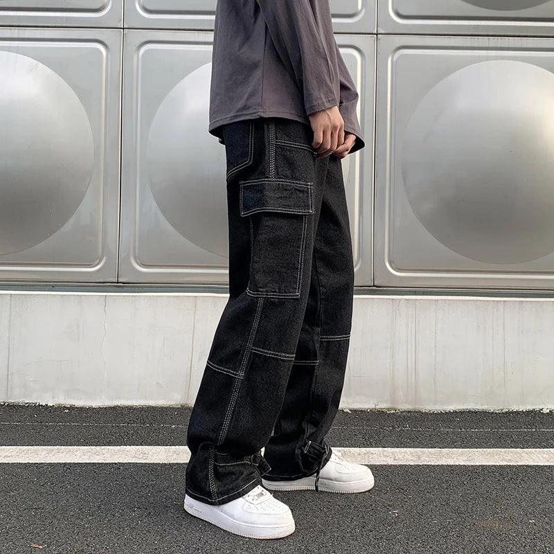 Cargo jeans Men Wide Leg Jeans Hip Hop Casual Men's Straight Baggy Denim Pants Streetwear Skateboard Pant Neutral Trousers
