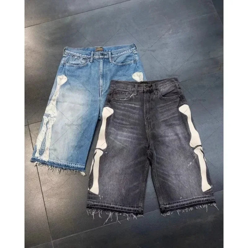 Summer retro skeleton denim shorts sports casual shorts new couple wearing street street 55 pants 2025 Europe and America