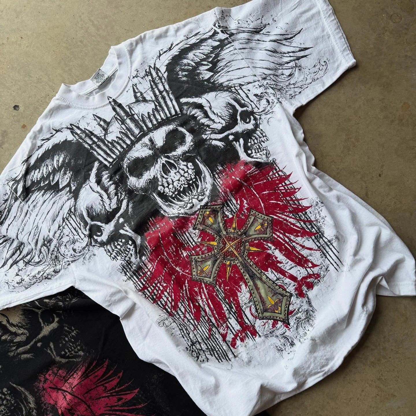 Hip Hop Multi-Element T-Shirt Mens American High Street Retro Loose Short-Sleeved Double-Sided Graffiti Printed Unisex Shirt