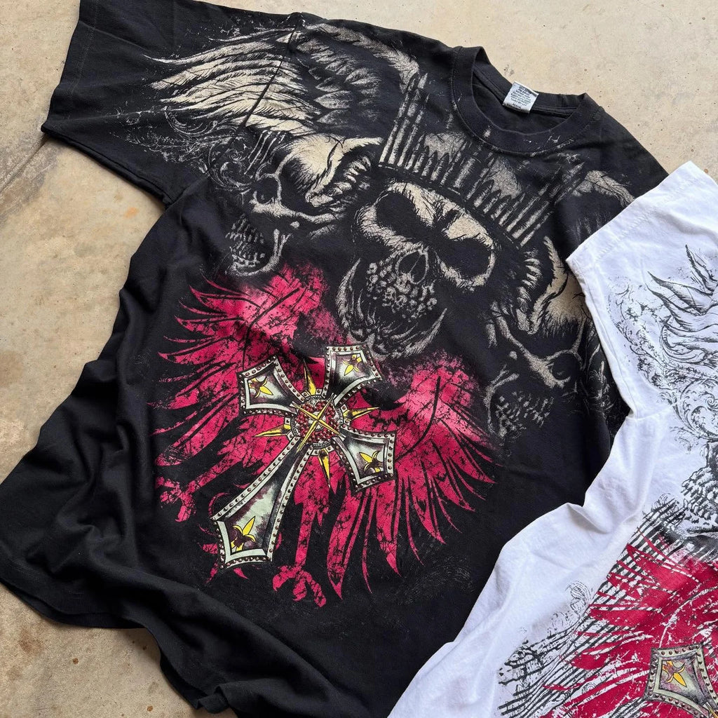 Hip Hop Multi-Element T-Shirt Mens American High Street Retro Loose Short-Sleeved Double-Sided Graffiti Printed Unisex Shirt