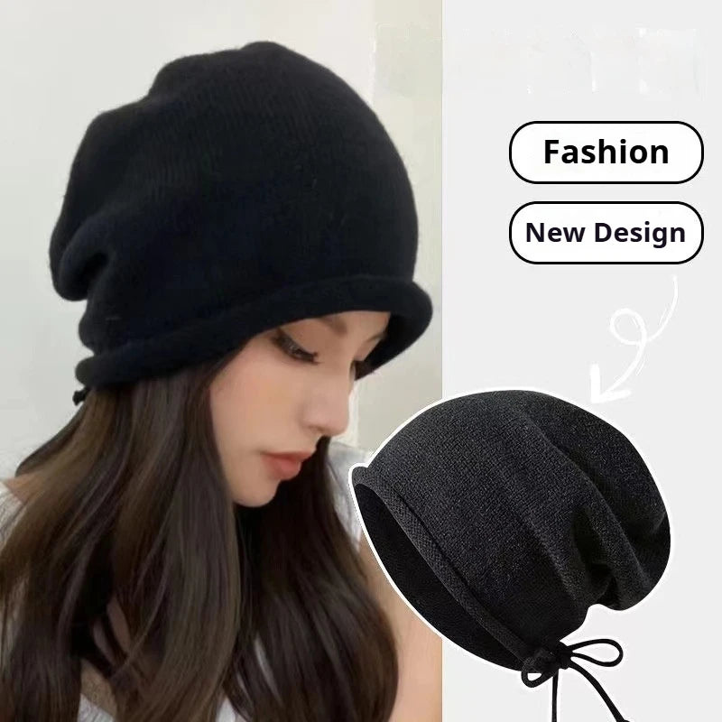 Autumn Winter Drawstring Adjustable Knit Hat Fashion Retro Street Wear Accessories Gift For Girlfriend Windproof Cold Proof Warm