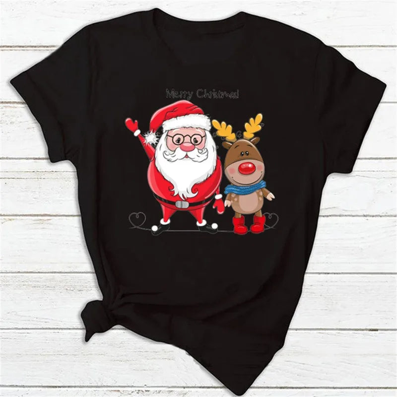 Christmas Theme Cartoon Graphic T Shirt Men Women Unisex Streetwear Cute Santa Claus Reindeer Print Casual Short Sleeve