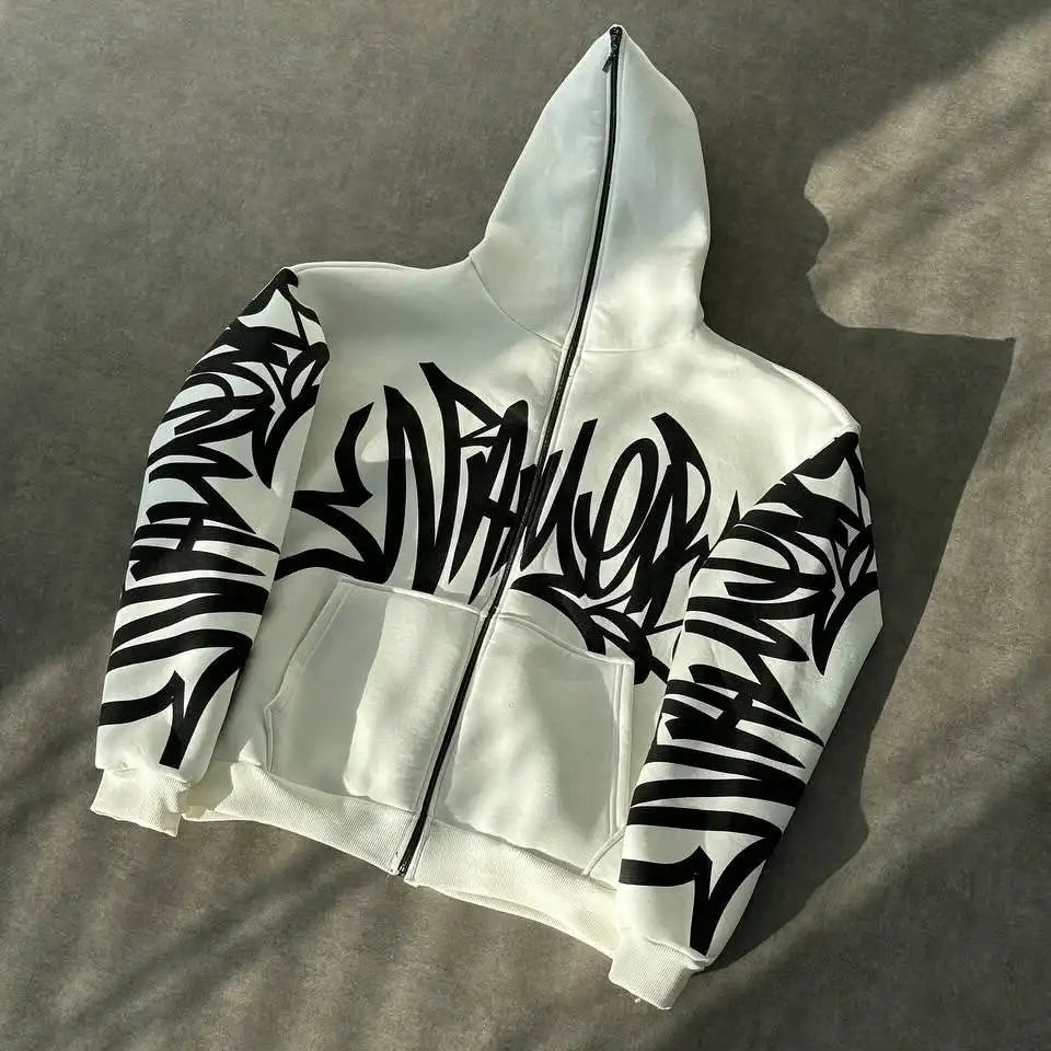 Trend High Street Letters Graffiti Printed Zipper Hoodie Retro Y2K Men Gothic Hip Hop Punk Casual Oversized Sweatshirt Harajuku