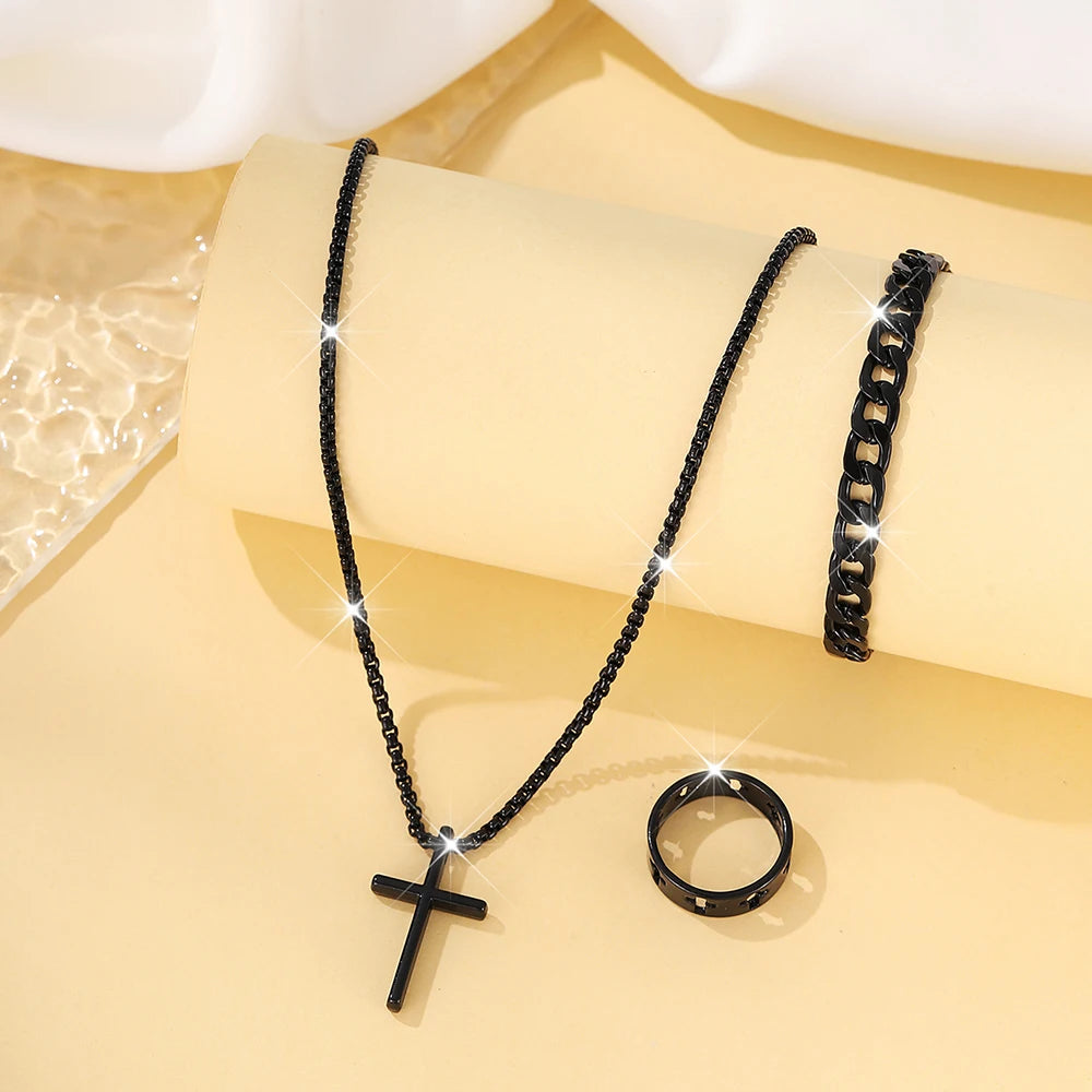 3pcs Set Men's Stainless Steel Metal Cross Pendant Chain Necklace Bracelet Ring Jewelry Set Male Hip Hop Daily Wear Accessories