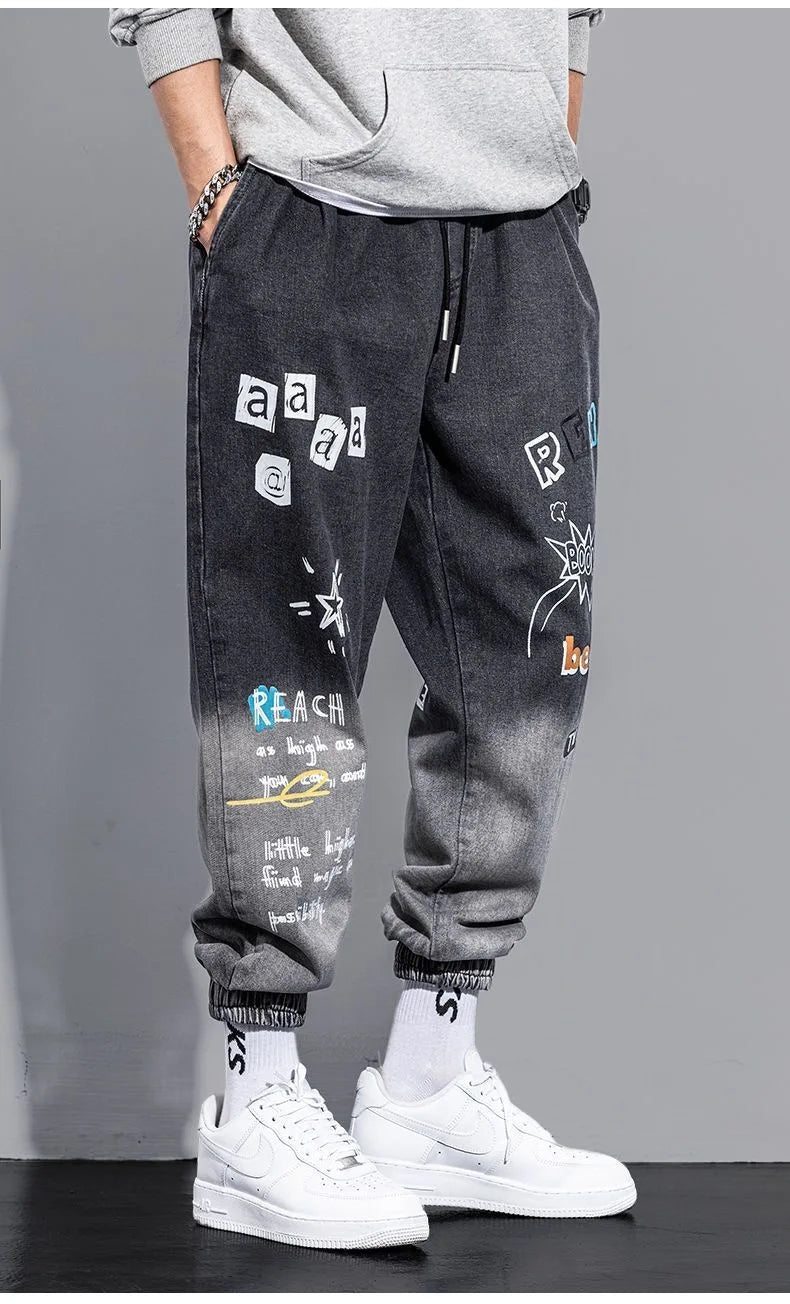 Graffiti Printing Jeans Men's Gradient Hip Hop Trousers Harem Cartoon Loose Casual Ankle Banded Pants Cargo Denim Jeans Fashion