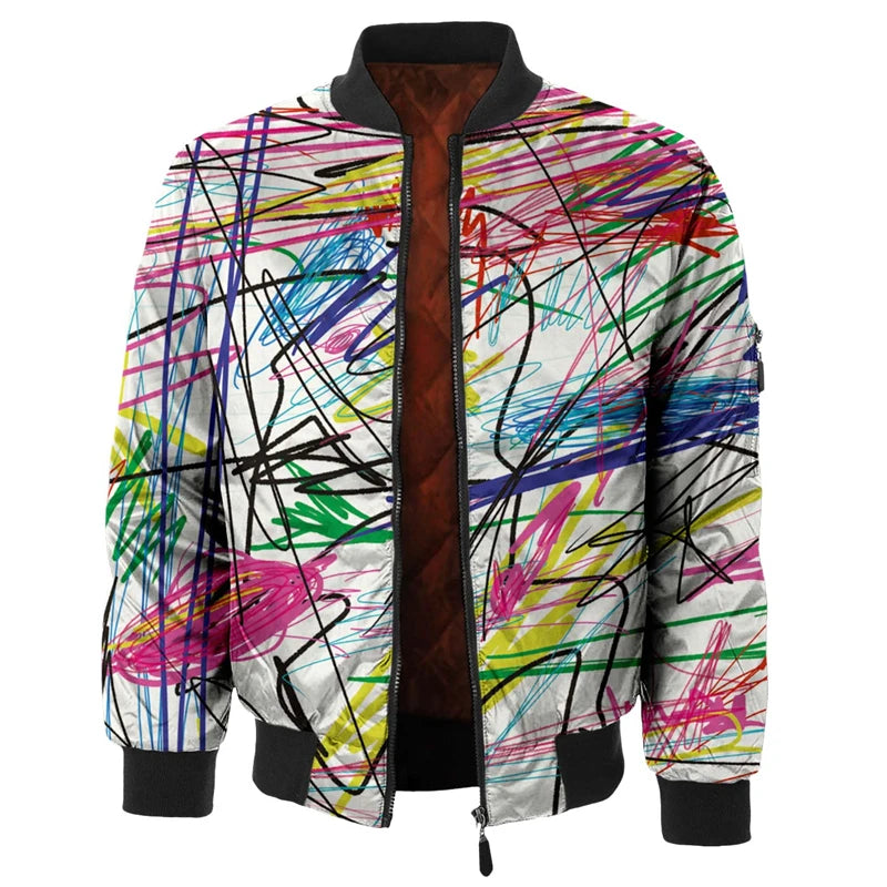 Irregular Stripes Graffiti Bomber Jacket for Men's Hip Hop Street Long Sleeve Zipper Jackets Autumn Outdoor Fashion Trend Coat