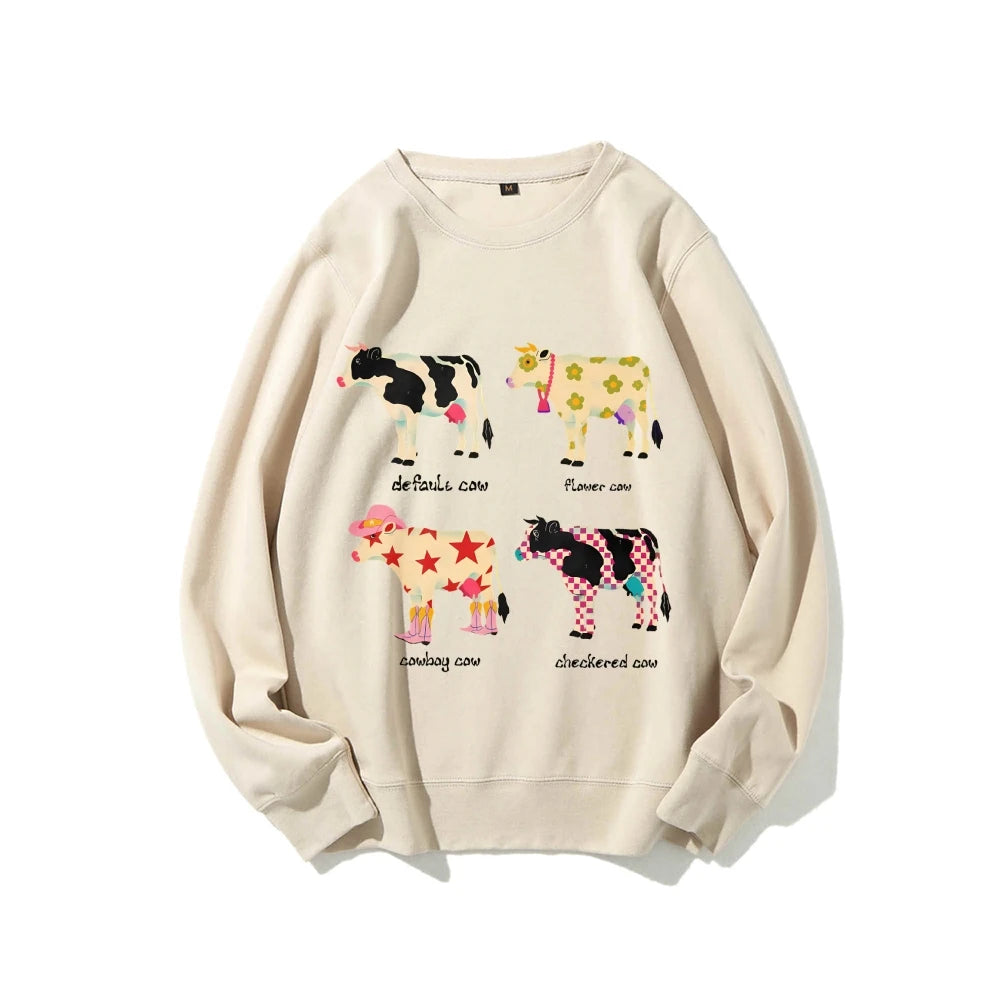 Cute Cow Print Sweater Women's Fashion Casual Crew Neck Pure Cotton Sweatshirt Long Sleeve Warm High Quality Street Wear