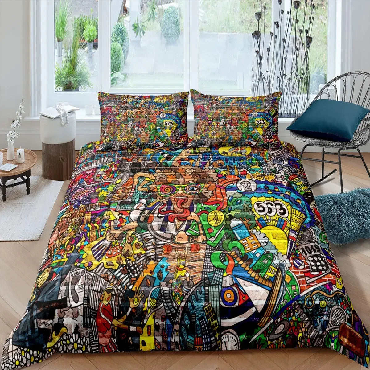 Hip Hop Decor Duvet Cover Colorful Bedspreads Cover Graffiti Pattern Street Culture Theme Decor Bedding Set for Adult Kids Teen