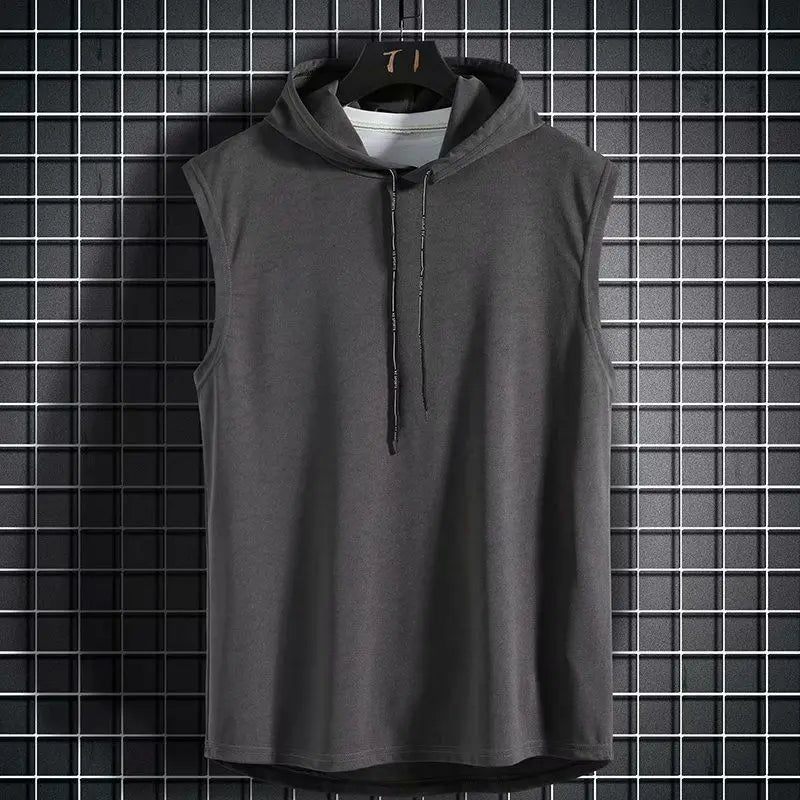 Men Tie Collar Hooded Sleeveless Vests Male Summer Loose Solid Hip Hop Tee Shirt Tops