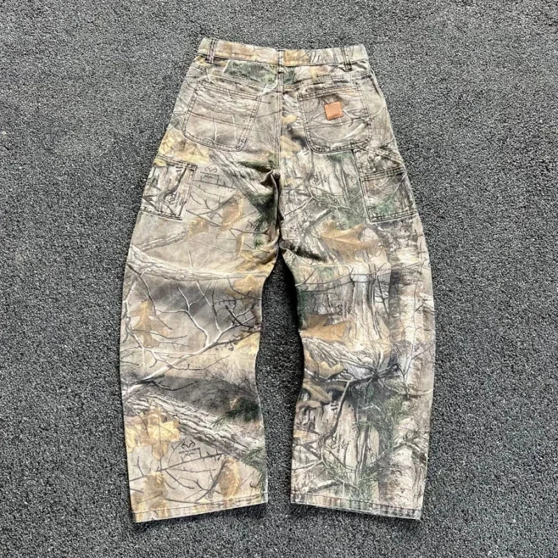 Men's Branch Camouflage Jeans American Style Old Washed Wide Leg Retro Loose Fashion Trend Street Straight Jeans Camo Pants Y2K