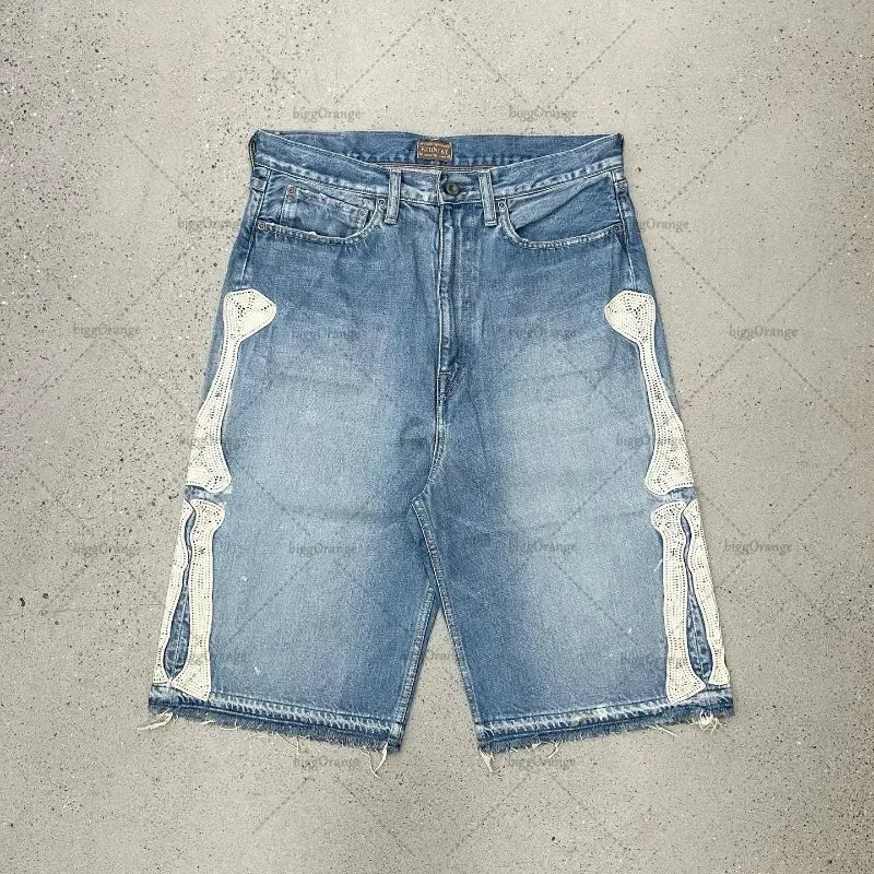 Summer retro skeleton denim shorts sports casual shorts new couple wearing street street 55 pants 2025 Europe and America